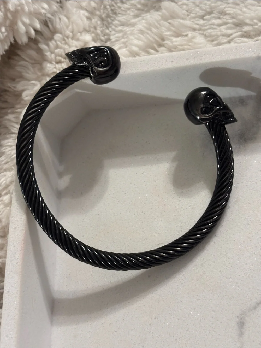 Men's Black Twisted Cable Cuff Bracelet with Skull End Caps